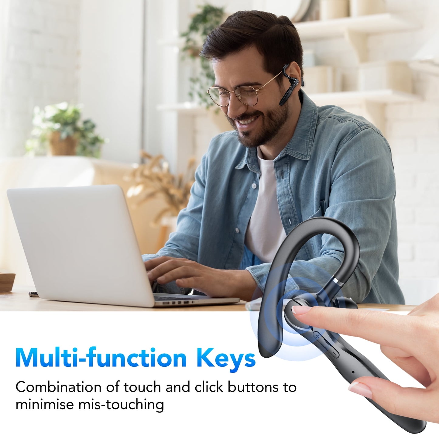 2025 New Bluetooth Headset V5.3, 100H Talk Handsfree Wireless Headset with Dual ENC Noise Canceling Mic Mute, Single Ear Headsets IP7 Waterproof, In Ear Earpiece for Driving/Office/Business