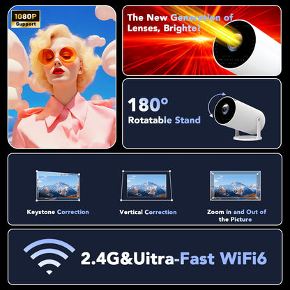 Mini Projector with WiFi and Bluetooth,4K 1080P Support Smart Portable Projector Auto Keystone 180°Adjustable Stand Outdoor Home Theater 150" Projector Compatible for Laptop, PC, Smartphone