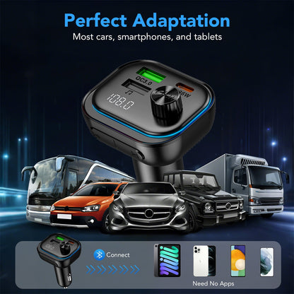 FM Transmitter Bluetooth with USB C Charger & Hands-Free Calling, Wireless Radio Adapter MP3 Player, Supports U Disk/AUX, Bluetooth FM Transmitter for Car, Compatible with iPhone/Android